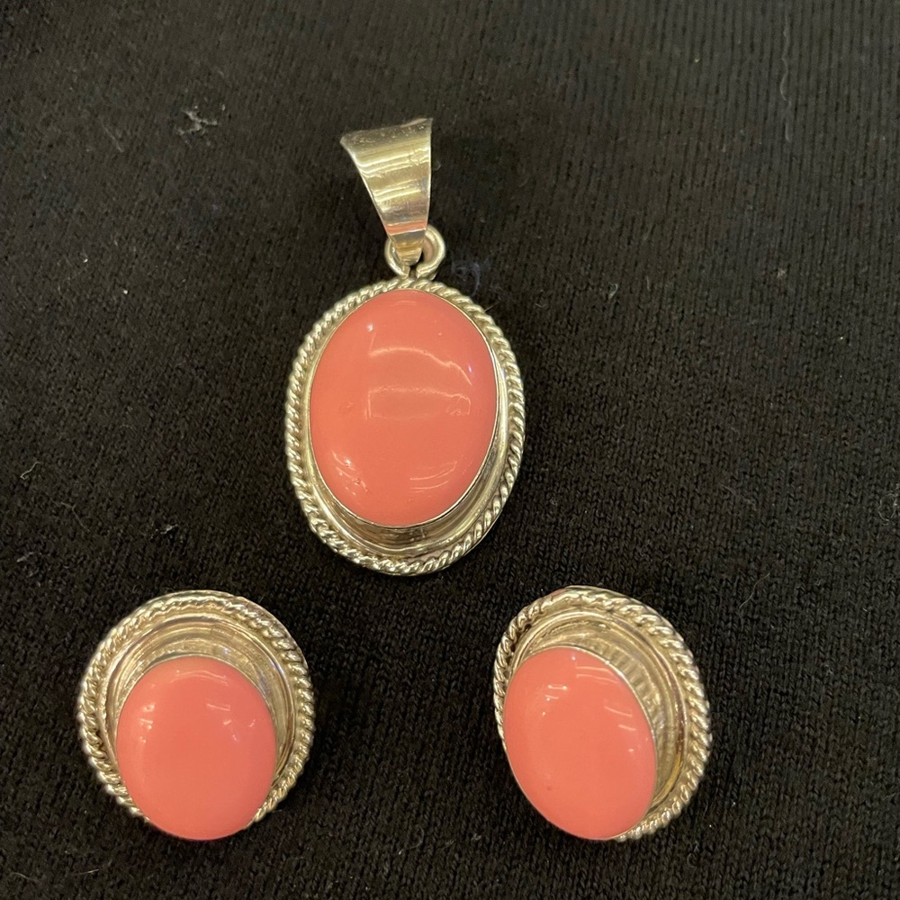 Coral and Sterling Silver Oval Pendant Earrings